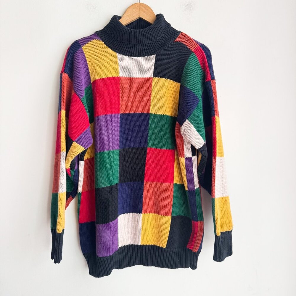 Vintage Field Gear Geometric Print Colourful Turtleneck Sweater Cotton L